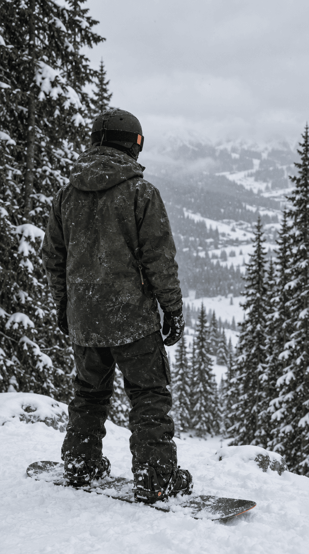 Rider in technical outerwear at the edge of a snowy tree line