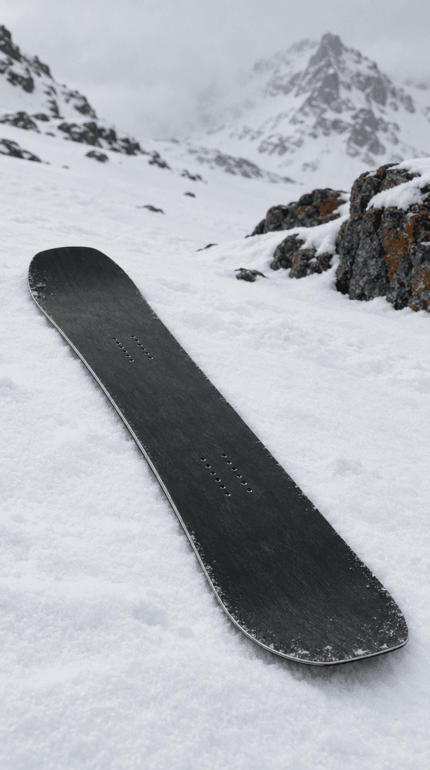 Snowboard resting on fresh alpine snow